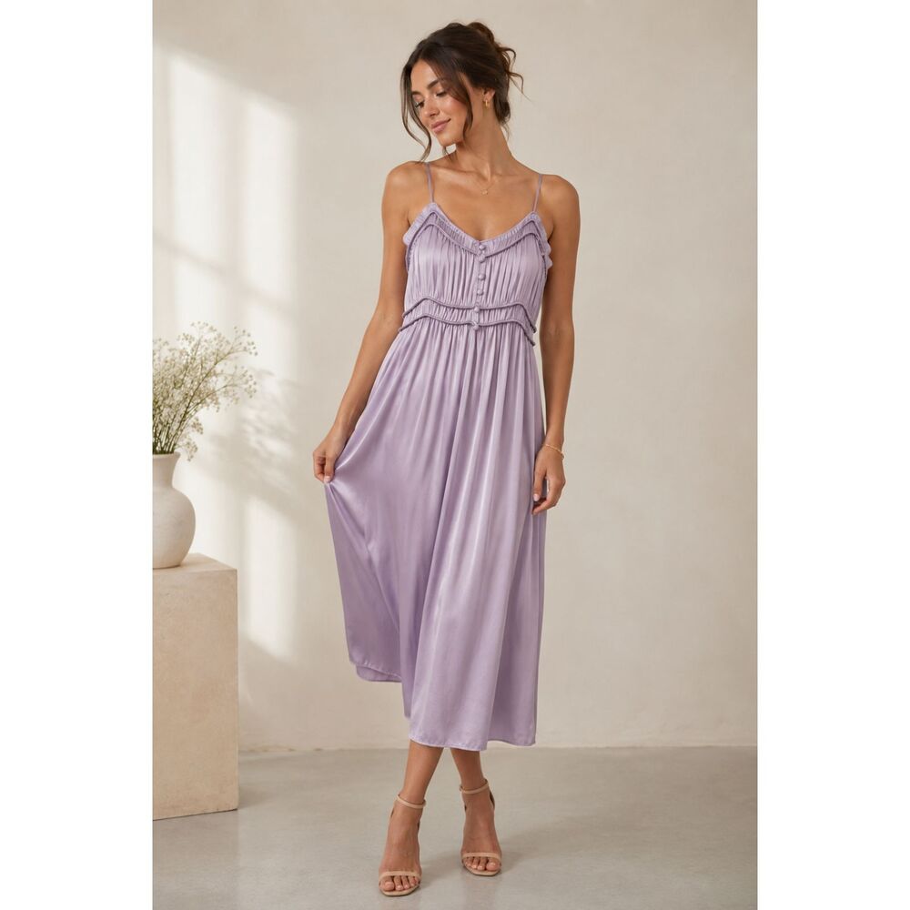 NWT Grade & Gather Midi Dress Lavender Satin Ruffle Slip Wedding Women Medium